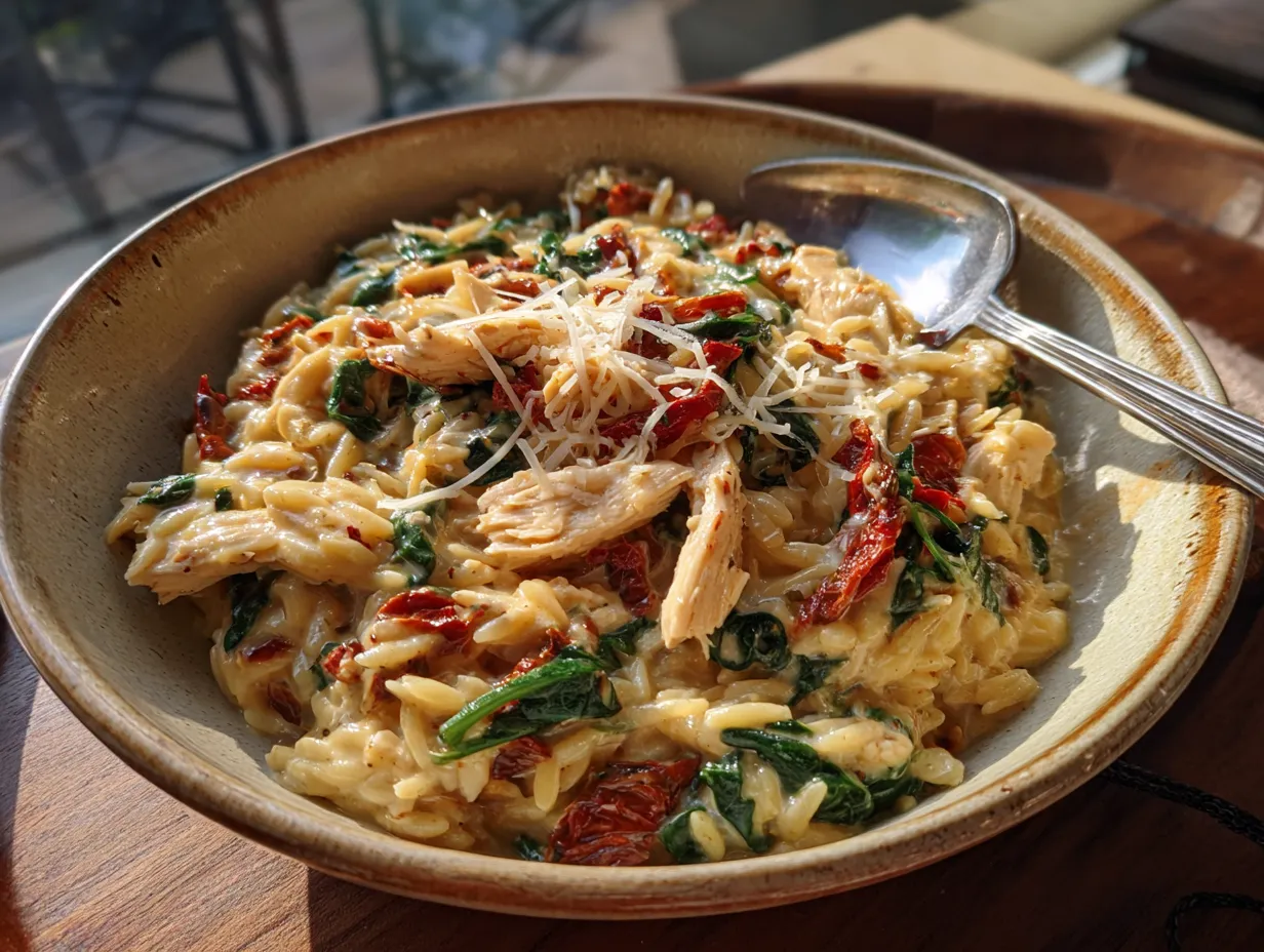Creamy Tuscan Chicken Orzo with Sun-Dried Tomatoes and Spinach